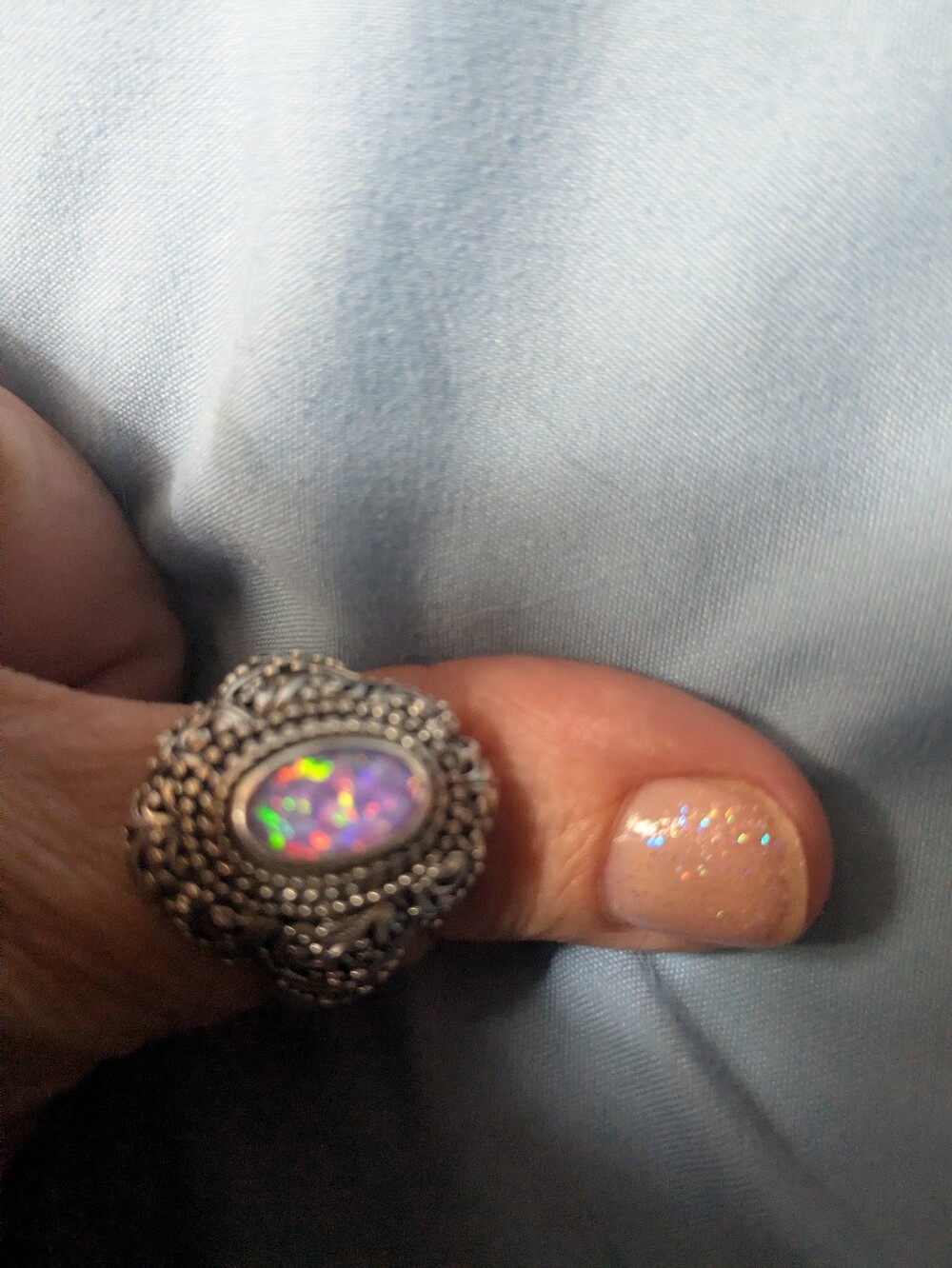 Sterling Silver Filigree Opal Statement Ring - Purple Opal - Size 9****